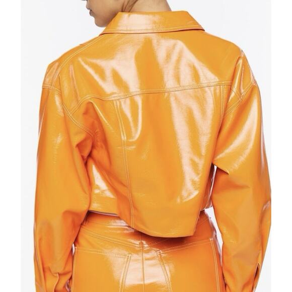 Trucker Tangerine Forever 21 Faux Leather Cropped Utility Jacket Size Medium NEW - Picture 8 of 15